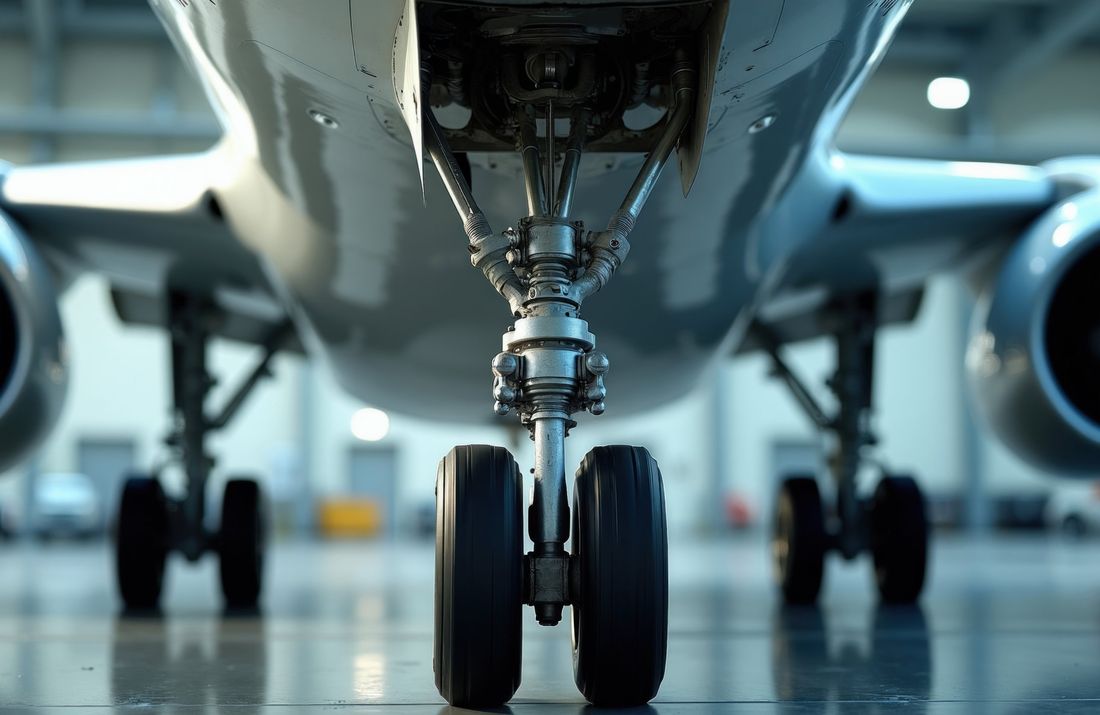 Trem de pouso de uma aeronave em hangar, visto de frente
